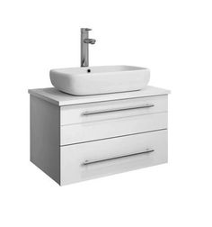 a white bathroom sink sitting on top of a cabinet next to a faucet