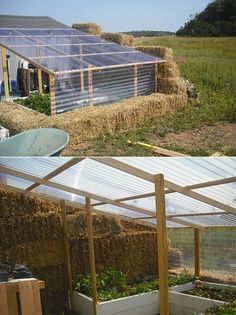 two pictures of the inside of a greenhouse with hay bales on the ground and in front of it