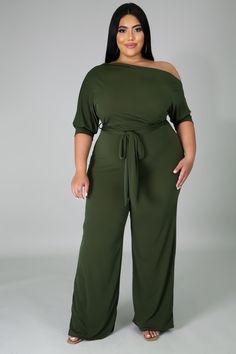 Stretch jumpsuit Boat neckline Midi sleeves Wide leg Tie-waist No closures 96% Polyester 4% Spandex Inseam 32 inches Hand wash cold water Model is wearing a 2X Plus Size Photo Shoot Clothes, Tan Jumpsuit Plus Size, Plus Size Romper With Boots, Forever 21 Plus Size Jumpsuit, Jumpsuit Outfit Casual, Classy Jumpsuit, Jumpsuit Fall, Chic Jumpsuit, Plus Jumpsuit