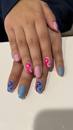 Pink Blue And Silver Nails, Blue And Pink Heart Nails, Blue And Pink Short Nails, Pink And Blue Nails Short, Dark Blue And Pink Nails, Heart Nails Blue, Light Blue And Pink Nails, Blue And Pink Nail Designs, Pink And Blue Nails Design