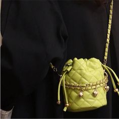 Gorgeous Green And Gold Mini Bucket Bag Purse Timeless Quilted Embroidered Diamond/Square Pattern Fabric Gold Chain Hardware With Heart Charm Accents Drawstring Closure Faux Leather Can Be As Crossbody Or On Side With Shoulder Strap One Size - Dimensions In Last Photo New - Perfect Condition Trousse Barbie Fuchsia Make Up Bag Boucle Preppy Kate Spade Geometric Tote Bag Dior Chanel Chic Elegant Gorgeous Multi Multicoloured Double Handle Crochet Large Fringe Gossip Girl Multicolour Iro Plaid Silve Mini Bucket Bag, Mini Bucket Bags, Mini Bucket, Pattern Fabric, Make Up Bag, Square Pattern, Trendy Accessories, Chain Bags, Gossip Girl