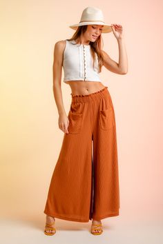 -High Waisted Rib Wide Leg Pants with Pockets-Frilled Elastic Waistband-Wide Leg Palazzo Cut-Front Pockets-Capri-Length-High-Waist95% Polyester 5% Spandex(Model height: 5'9", wearing a Small) Pants With Pockets, Model Height, No Frills, Leg Pants, Wide Leg Pants, Capri, A Small, Wide Leg, High Waisted