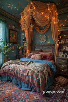 a bedroom decorated in blue and pink with fairy lights on the headboard, canopy bed