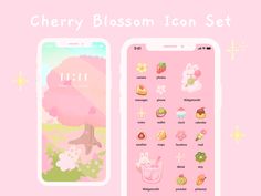 the cherry blossom theme is displayed on two iphones, one pink and one white