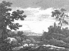 an old black and white drawing of a landscape with rocks, trees, and water