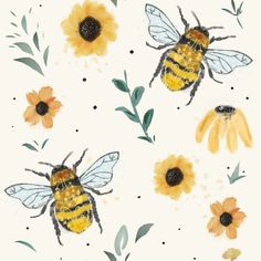 bees and sunflowers on a white background