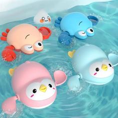 four different types of toys floating in the water