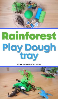 a play dough tray with toys and trees on it, in front of the words rainforest play dough tray