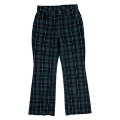 Plaid pattern woven acrylic pants by Levi's. Flare legs. Button waist, zip fly. Pockets in front and back.  condition: excellent color(s): green, black, navy blue, yellow, red fabric(s): woven acrylic brand: Levi's care: machine wash     estimated size: Small (no size marked, please check measurements) ✩ size is estimated - please double check measurements for best fit  ✩ all measurements are taken with the item laying flat ✩ any bust/chest, waist, or hips measurements have been doubled waist: 27" / 68.5cm hips: 38" / 96.5cm inseam: 29" / 73.5cm rise: 10" / 25.5cm width of leg end: 10.5 / 26.5cm ------- ✩ please read all of my policies before purchase ✩ all my items are vintage so they may have some light wear, but I will disclose any major flaws in the description above ✩ need something f Retro Pants With Button Closure For Fall, Retro Straight Leg Bottoms With Button Closure, Retro Bottoms With Button Closure For Fall, Retro Bottoms With Button Closure, Vintage Pants With Buttons For Fall, Vintage High-waisted Pants With Button Closure, Vintage Fall Pants With Buttons, Vintage High Waist Plaid Bottoms, Retro High Waist Plaid Pants