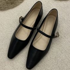 Black Vegan Leather Nwot. Goldtone Buckle. Black Mary Jane Flats With Almond Toe, Black Mary Jane Flats For Formal Occasion, Black Ankle Strap Flats For Work, Black Vegan, Gold Black, Flat Shoes Women, Mary Janes, Loafer Flats, Vegan Leather