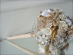 Gold Brooch Bouquet Bridal Wedding cream white pearl by SusieKays White Ornate Wedding Brooches, Ornate White Wedding Brooches, Ornate White Brooches For Wedding, Victorian White Wedding Brooches, Vintage White Wedding Brooches, Ornate Flower Brooch For Wedding, Ornate Flower Shaped Wedding Brooches, Ornate Flower Brooches For Wedding, Pearl Vintage