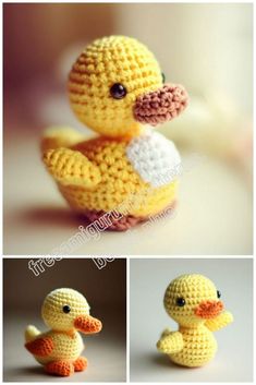 crocheted yellow ducky sitting on top of a table next to another photo