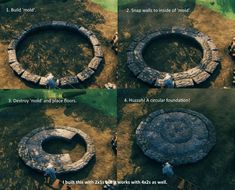 four pictures showing how to build a fire pit in the ground with people around it