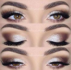 Brown + Silver. Smoky eyes with sparkle. Nail Design, Nail Art, Nail Salon, Irvine, Newport Beach Make Up Designs, Gorgeous Wedding Makeup, Alat Makeup, Wedding Makeup For Brown Eyes, Best Wedding Makeup, Formal Makeup, Wedding Day Makeup, Glitter Eye Makeup