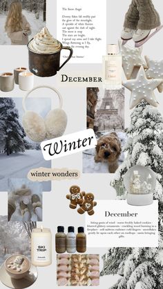 a collage of winter items including snow, trees and mugs with words written on them