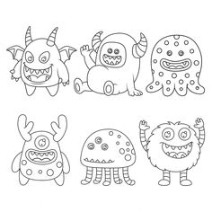 four cartoon monsters with different faces and body shapes, one is black and white the other has