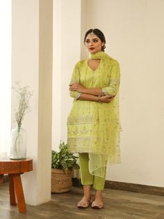 Natasha Pistachio Green Embroidered Cotton Silk Kurta Set (Set of 3) By Gulabo Jaipur now available at Trendroots Silk Kurta Set, Golden Embroidery, Silk Kurta, Pistachio Green, Organza Dupatta, Hand Work, Kurta Set, Green Fabric, Best Deal