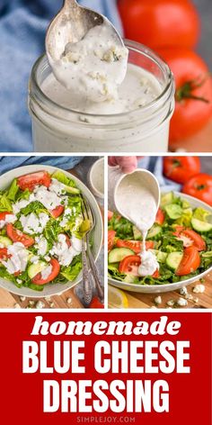 homemade blue cheese dressing in a mason jar with tomatoes and cucumbers around it