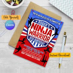 an image of a birthday card with the name ninja warrior on it and other items