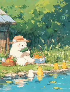 there is a bear that is sitting in the grass by some water and ducklings