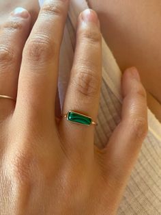 This malachite ring will add a pop of color to your lovely hands.  These rings are made to order and every stone is picked for its beautiful color.  Because of the nature of the stone variations in size and shape are possible.  Let me know your ring size in the comments. Green Bezel Setting Stackable Rings, Elegant Malachite Ring As Gift, Elegant Green Malachite Rings, Elegant Malachite Gemstone Ring, Green Rings With Natural Stones In Fine Jewelry, Green Malachite Rings As A Gift, Green Onyx Gemstone Rings As Gift, Minimalist Handmade Green Ring, Green Onyx Rings For Gifts