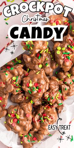 a plate full of chocolate christmas candy with sprinkles on top and the words crockpot christmas candy above it