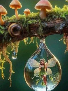 a fairy sitting on a tree branch with mushrooms in the background and a drop of water hanging from it's side