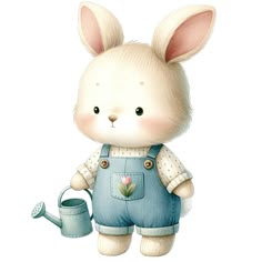 a painting of a rabbit holding a watering can and wearing overalls with flowers on it