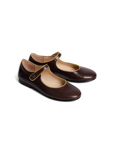 coffee brown/gold-tone leather contrasting trim fabric-covered buttons round toe side button fastening branded leather insole flat leather sole Brown Leather Mary Janes For Work, Brown Leather Mary Jane Shoes With Removable Insole, Brown Mary Jane Flats With Rubber Sole, Brown Leather Shoes With Contrasting Heel For Work, Formal Brown Ballet Flats With Flat Heel, Classic Brown Almond Toe Mary Janes, Brown Flat Mary Janes With Leather Sole, Brown Mary Janes With Leather Sole And Round Toe, Classic Leather Mary Janes With Contrasting Heel Counter