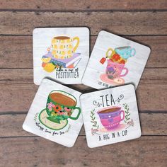 four coasters with tea designs on them