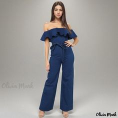 Olivia Mark - Origin-verified Denim Jumpsuit with Figure-hugging Fit and Lotus Leaf Hem Bandeau Jumpsuit, Colorful Jumpsuit, Off Shoulder Jumpsuit, Lotus Leaf, Strapless Jumpsuit, Striped Jumpsuit, Denim Details, Jeans Jumpsuit, Denim Jumpsuit