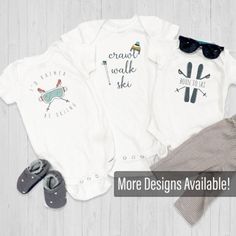 Crawl Walk Ski Onesies® or t-shirts are designed in a lighthearted colorful look. These onesie's® come in newborn, 0-3 M, 3-6M, 6-9M, 12M and 18M. They are 100% cotton rib fabric and machine washable. These classic, cozy onesie's® and tee's are great for everyday wear! -------------------------------------------------- ONESIE® SIZES  Newborn: 5-8 Ibs. - 17-21 in 0-3 Months: 21-24 in. - 6-12 Ibs. 3-6 Months: 24-26 in. - 12-16 Ibs.  6-9 Months: 26-28 in. - 16-20 Ibs. 12 Months: 28-30 in. - 20-24 Ibs. 18 Months: 30-32 in. - 24-28 Ibs. TODDLER T-SHIRT 2T:   28-32 Ibs. - 34 in.  3T:32-35 Ibs. - 34-38 in. 4T:35-39 lbs. - 38-40 in.  5T:39-43 lbs. - 40-44 in. ** Quick Sizing Tip ** Onesies are printed on Gerber organic. These tend to run small so we recommend sizing up if you are on the fence. Tod Unisex Casual Onesie For Playwear, Casual Playwear Onesie, Casual Onesie With Graphic Print, Gender-neutral, Casual Graphic Print Onesie For Playtime, Unisex Casual Onesie With Graphic Print, White Short Sleeve Onesie For Loungewear, White Relaxed Fit Casual Onesie, White Casual Relaxed Fit Onesie, White Short Sleeve Casual Onesie