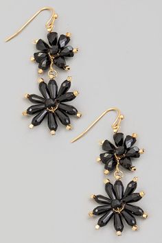 Beaded Flower Chain Dangle Earrings In Black - Infinity Raine Trendy Black Flower-shaped Jewelry, Chic Black Flower Jewelry, Trendy Black Beaded Earrings, Trendy Black Dangle Beaded Earrings, Trendy Black Beaded Earrings For Party, Elegant Black Dangle Flower Earrings, Flower Chain, Pull Off, How To Look Classy