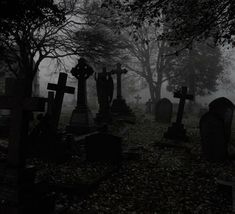 a cemetery in the fog with tombstones and trees on it's sides at night