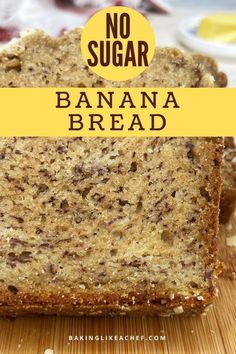 Sliced no-sugar-added banana bread on a wooden board No Yeast Banana Bread, Banana Bread Stevia, Banana Recipes For Diabetics, Low Cholesterol Banana Bread, Naturally Sweetened Banana Bread, Low Cal Banana Bread 100 Calories, Stevia Banana Bread, Sugarless Bread Recipe, Bariatric Banana Bread