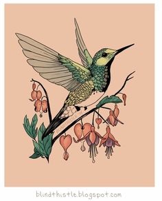 a cross stitch pattern of a hummingbird sitting on a branch with pink flowers and green leaves