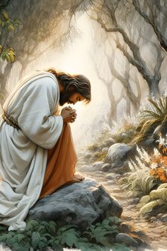 a painting of jesus kneeling down in the woods with his hands clasped to his chest