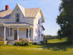 an oil painting of a white house in the country