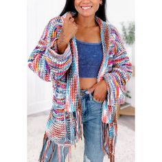 Pol Colorful Confetti Open Front Tassel Fringe Cardigan Relaxed Fit This Happy, Sassy Cardi Looks Great Cuddled By The Fire Or Out & About. This Boho Chic Midi Cardi Looks Fav Dressed Up Or Down Features Oversize Fit Midi Length Open Front Shawl Collar Long Sleeves Side Slits Finished With Tassel Fringe Detail 100% Acrylic Imported Total Measurements Small Bust 44” Length 32.5” (Inc Fringe) Med Bust 46” Length 33” (Inc Fringe) Large 48” Length 33.5” (Inc Fringe) Pol Colorful Confetti Open Front Bohemian Spring Cardigan With Tassels, Casual Multicolor Fringed Outerwear, Casual Multicolor Fringe Outerwear, Colorful Knit Outerwear For Spring, Multicolor Spring Outerwear With Tassels, Spring Multicolor Outerwear With Tassels, Spring Blue Outerwear With Tassels, Blue Spring Outerwear With Tassels, Pink Bohemian Cotton Cardigan