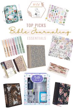 the top picks for bible journaling essentials, including pens and notebooks with floral designs