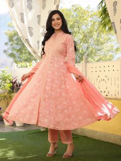 Pink & White Chanderi Printed & Hand Embroidered Anarkali Suit Set with Organza Dupatta Collar Neck Anarkali Dress, Embroidery Anarkali, Printed Anarkali Suits, Pink Anarkali, Chanderi Dupatta, Embroidered Anarkali, Embroidery Detailing, Anarkali Kurta, Collar Neck