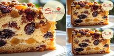 there are four pictures of a cake with raisins and oranges on it