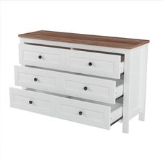 a white dresser with three drawers and a wooden top