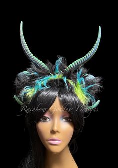 Double Horned Monster Headdress, Blacklight Rave Horn Headpiece, UV Fluorescent Furry Dragon Horn Headband, Glow in the Dark Ram Horn Crown Horn Crown, Horn Headpiece, Horned Monster, Horned Headdress, Festival Crown, Dragon Horns, Crown Collection, Dark Paint, Horn Headband