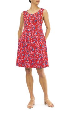 A pretty print adds feminine style to a sleeveless dress with side pockets and a gently flared silhouette.Fit: this style fits true to size. Model's stats for sizing:. Height: 5'10". Bust: 34". Waist: 23.5". Hips: 35" Model is wearing size M.. Scoop neck. Sleeveless. Slips on over head. Side slash pockets. Patterned. Approx. 35" length (size M). Imported  Available in:. Floral dot print (NAVY-RED MULTI). Paisley print (RED MULTI). Patchwork print (REDBLUMULT) Machine wash cold 95% polyester, 5% Graceful Style, Patchwork Print, Daytime Dresses, Trapeze Dress, Pretty Prints, Dress With Pockets, Feminine Style, Sundress, Nordstrom Rack