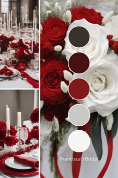 the table is set with red and white flowers, silverware, candles, and napkins