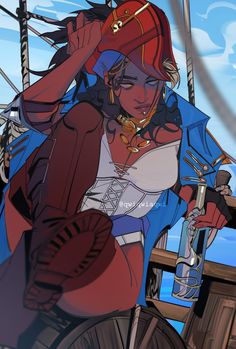 a woman in pirate garb standing on a ship