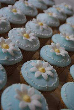 cupcakes with blue frosting and white daisies on them are arranged in rows