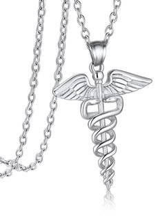 PRICES MAY VARY. § Design: Caduceus, as a symbol of medical care, exudes a mysterious and powerful charm. The image of the double snake winding the rod, coupled with vintage craftsmanship, gives people a sense of protection from history. § Material: Made with Top quality 316L stainless steel, does not tarnish and oxidize, durable and last-color retention, hypoallergenic, friendly to skin. § Size: Pendant length 44mm/1.7inch Chain length 55+5cm/22+2inch, total weight 13g. 3 color available, Steel Women Protection, Medical Sign, Medical Alert Necklace, Nursing Necklace, Medical Jewelry, Medical Symbols, Symbol Necklace, Nurse Doctor, Medical Alert