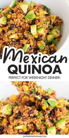 mexican quinoa recipe with avocado and black beans in a white bowl